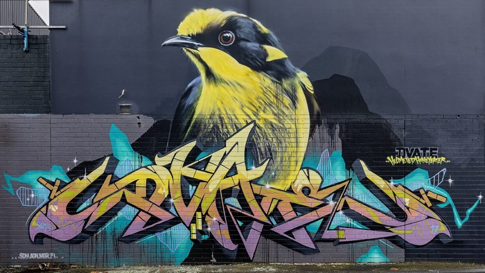 Graffiti of a yellow bird and text on a wall