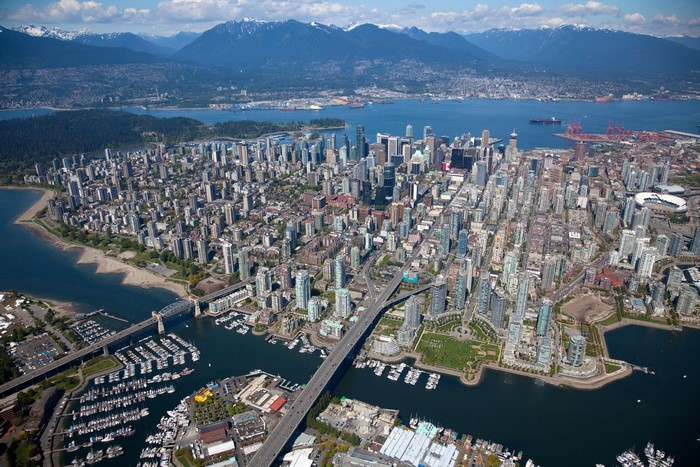 Aerial view of Vancouver, Canada with mountains