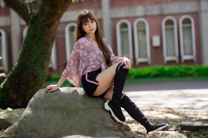 4K, Asian, Stones, Sitting, Legs, Shorts, Blouse, Glance, Knee highs ...