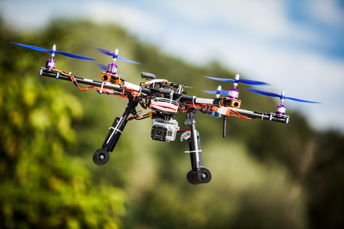 Hexacopter drone with camera in flight