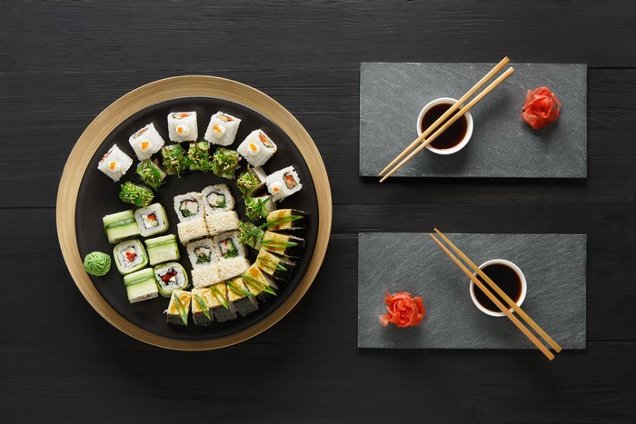 Sushi platter with ginger and soy sauce