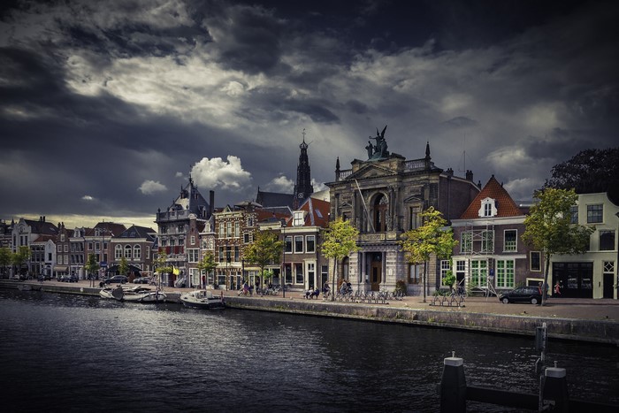 Canal in Haarlem, Netherlands with historic buildings