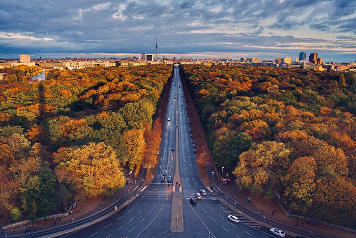 Berlin cityscape with autumn trees and road from above
