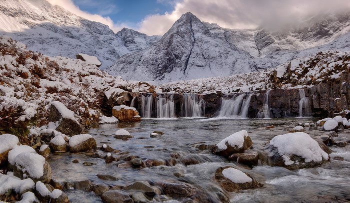 Snow-Covered Mountains and Waterfalls in Isle of Skye 4K