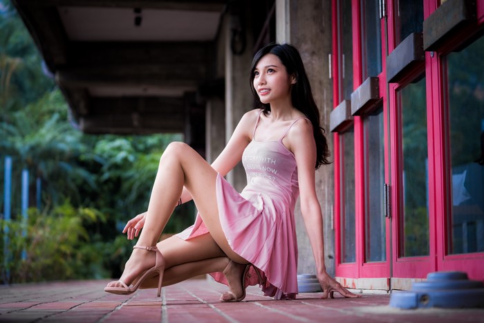 4K Asian Brunette Girl Sitting in Pink Dress