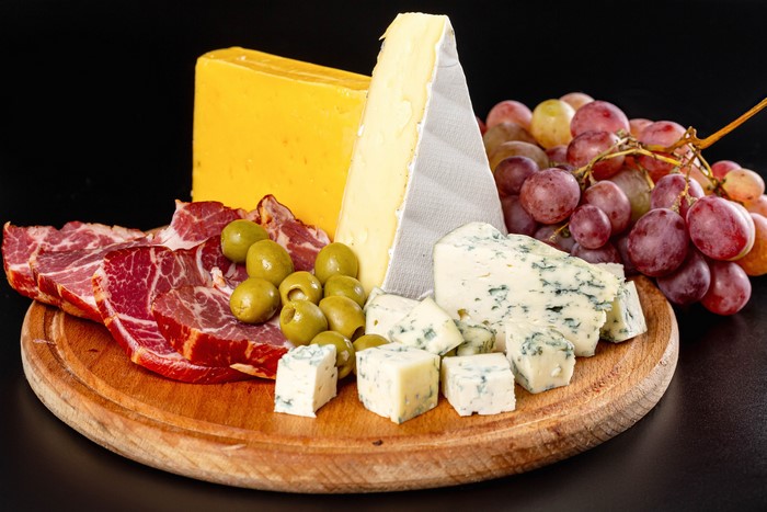Cheese, Grapes, Olives, and Ham Platter