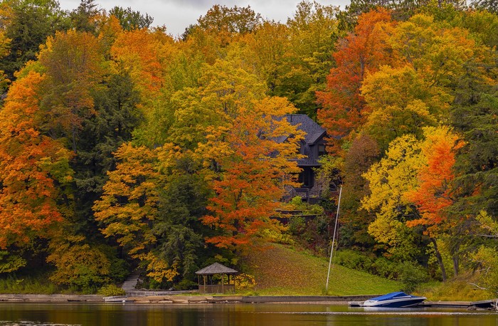 House nestled in autumn trees by a lake in Huntsville, Ontario