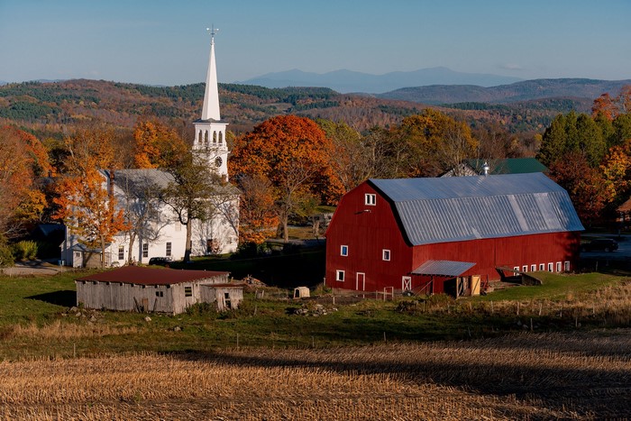 Peacham, Vermont Church and Barn in Autumn