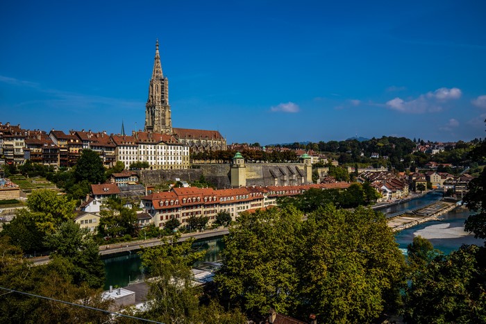 Bern, Switzerland: Houses, River, and Cathedral Tower