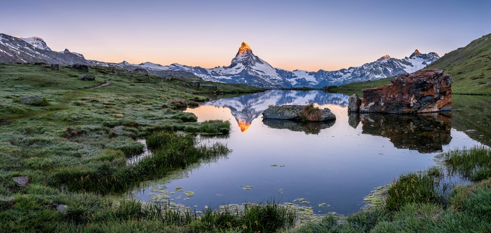 Matterhorn reflected in Stellisee lake, Swiss Alps