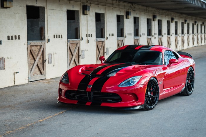 Red Dodge Viper GTS with black stripes and HRE wheels