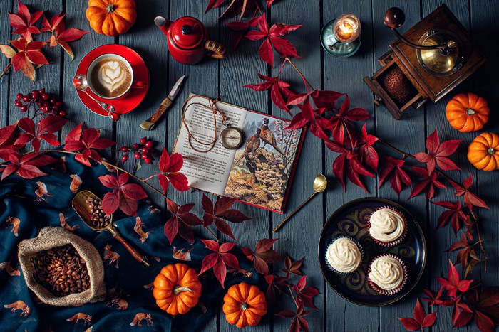 Autumn still-life with coffee, pumpkins, cupcakes, and book