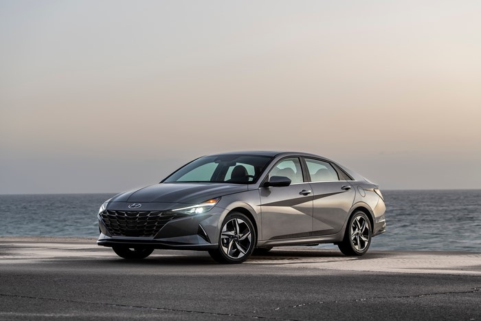 Grey Hyundai Elantra Hybrid parked by the ocean