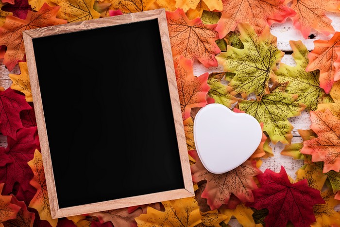 Autumn Maple Leaves with Blackboard and Heart