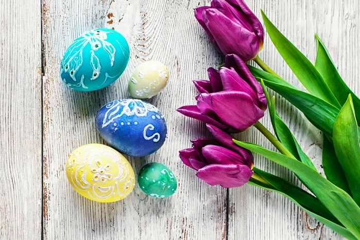 Easter Eggs and Purple Tulips on Wooden Surface