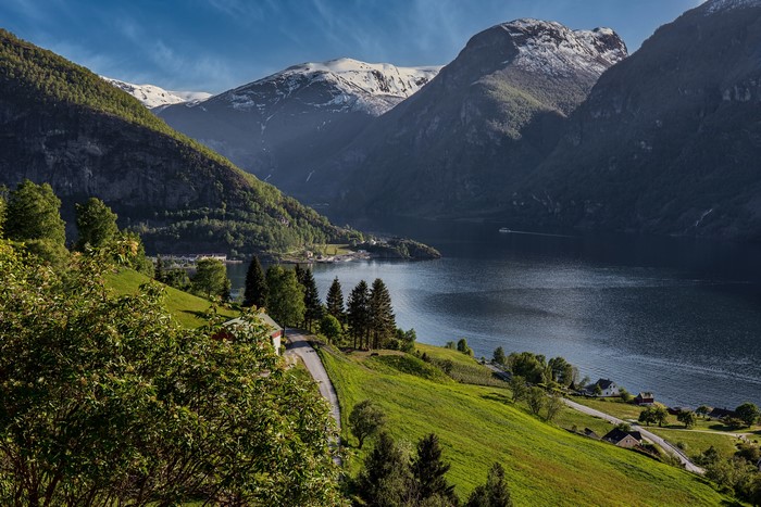 Aurland, Norway Fjord with Mountains and Village