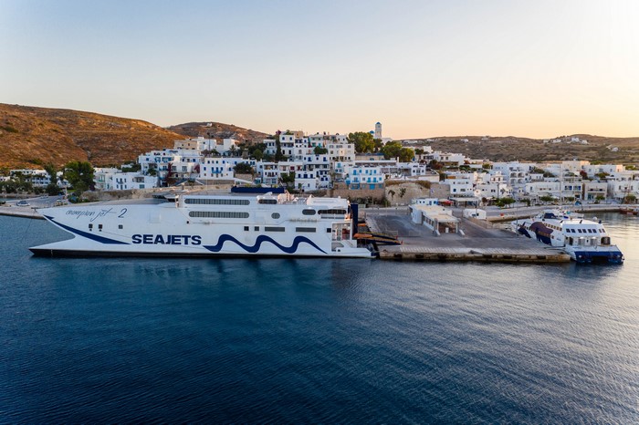 SeaJets Champion Jet 2 ferry docked in Adamas, Milos, Greece