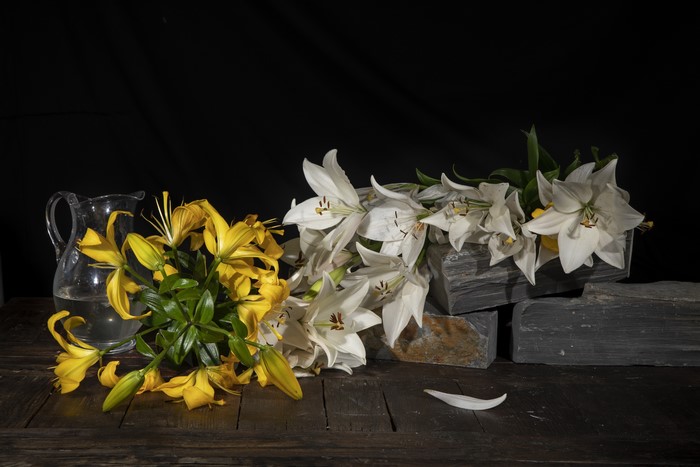 Yellow and white lilies with a jug