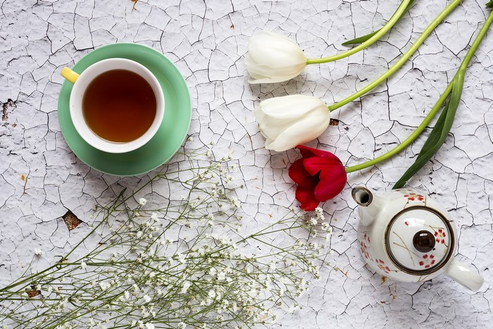 Tea, Tulips, Kettle, and Cup from Above