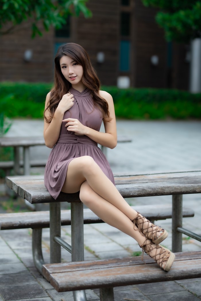 4K, Asian, Brunette girl, Smile, Dress, Legs, Sitting, Glance ...