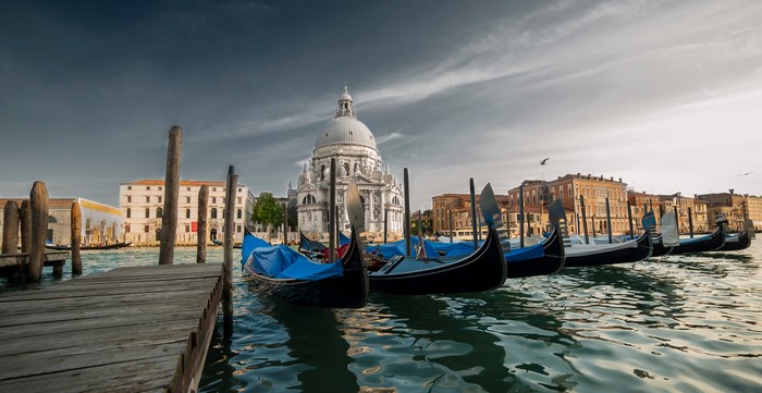 4K Venice Italy Marinas with Gondolas and St Maria of Salute Basilica