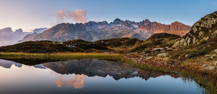 Panorama of the Alps with a lake and mountains in Canton Berne, Switzerland