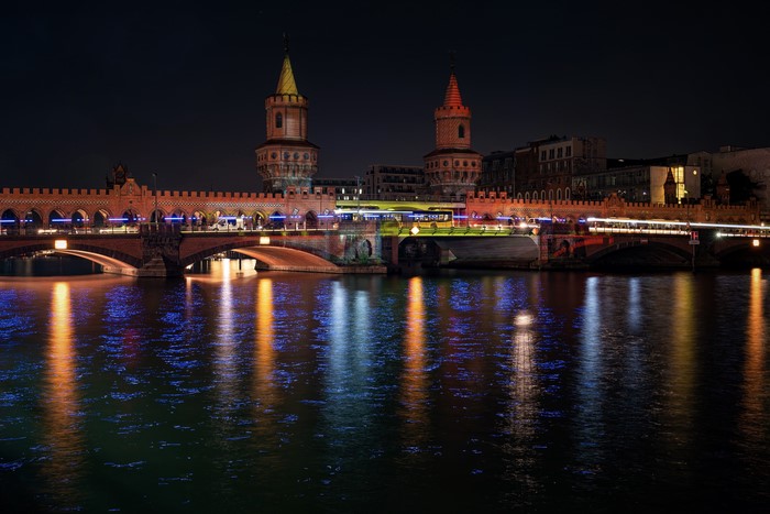 Oberbaum Bridge at Night in Berlin, Germany