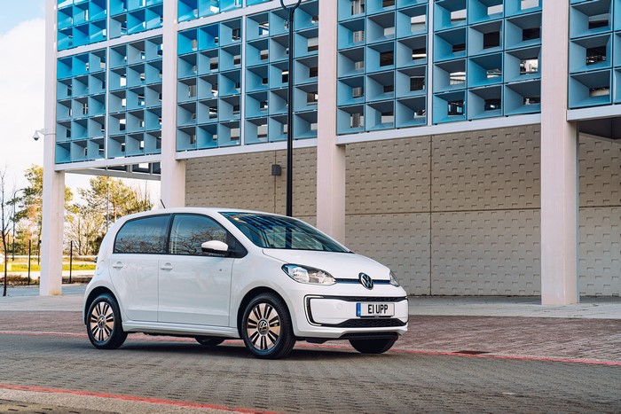 White 2020 Volkswagen e-up! parked outside building