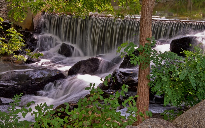 Waterfall cascading over rocks with trees