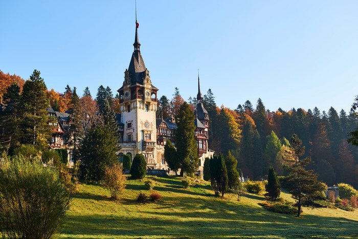 Peles Castle in Transylvania, Romania during autumn