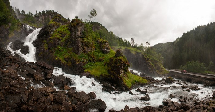 4K Norway Waterfall with River and Road