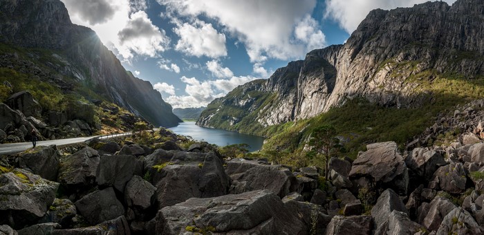 Panorama of Bjerkreim, Norway with Mountains and Stones
