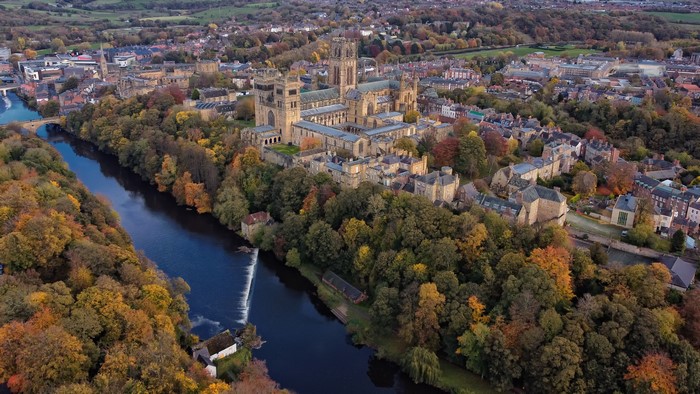 Durham Cathedral and River Wear in Autumn from Above