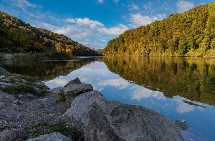 River in Autumn Forest with Stones and Reflections