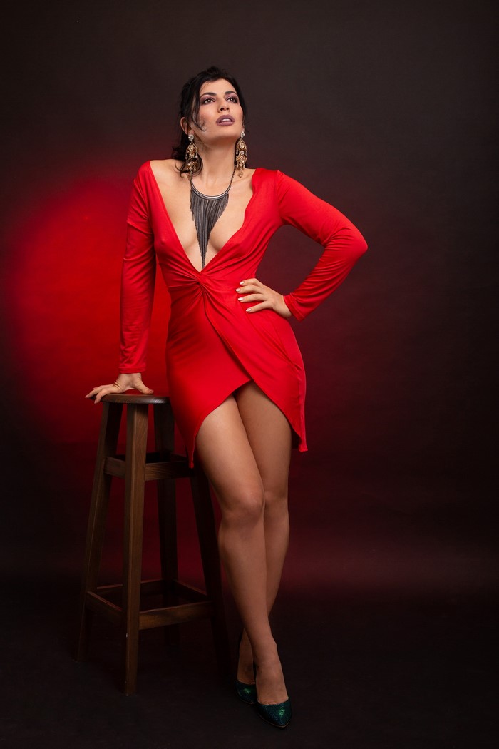 Brunette Woman in Red Dress with Necklace