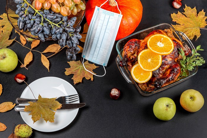 Thanksgiving Dinner with Face Mask and Autumn Leaves