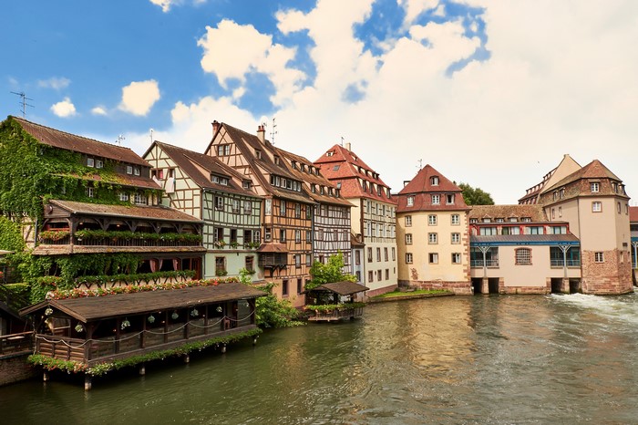 Half-timbered houses along a river in Strasbourg, France
