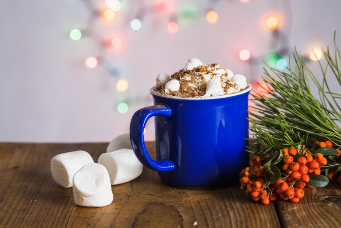 Hot chocolate in a blue mug with marshmallows and berries