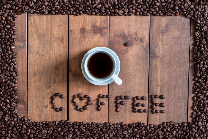 Coffee cup and beans spelling COFFEE