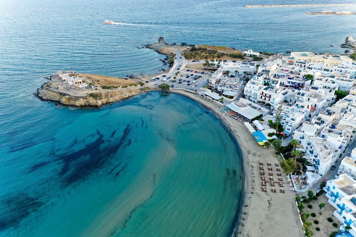 Aerial view of Naxos City, Greece coast and beach