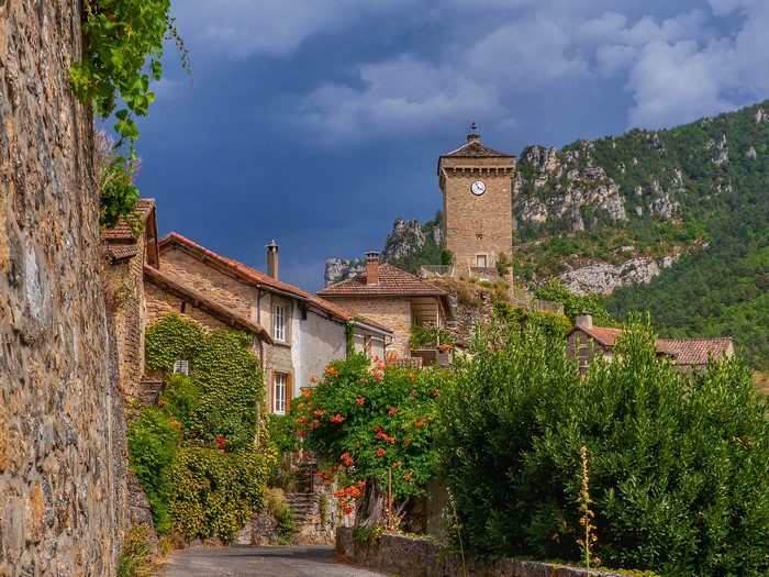 Clock tower in Peyreleau, Aveyron, France