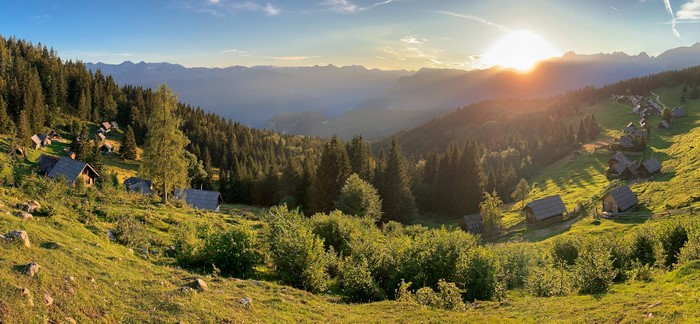 Planina Zajamniki, Slovenia, Village at Sunset