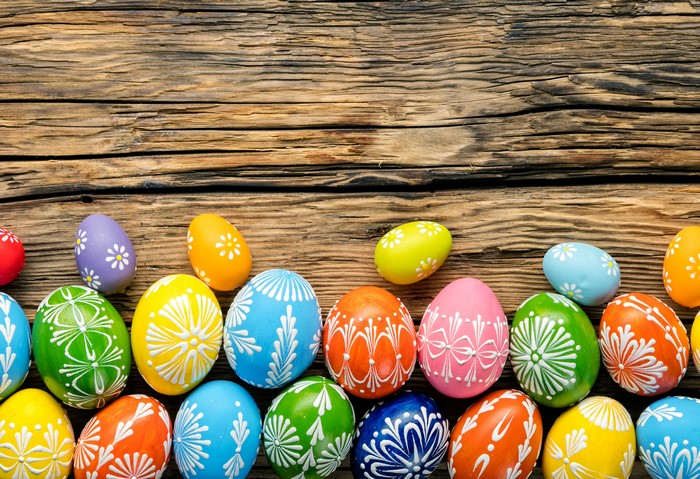 Multicolor Easter Eggs on Wooden Background