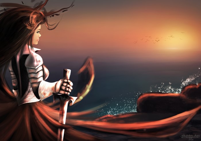 Warrior with sword and armor by the sea at sunset