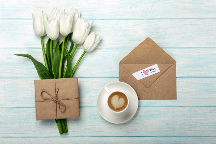 White Tulips, Gift, Coffee, and Envelope with "I Love You" Note