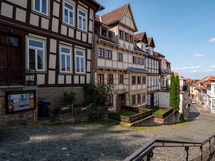 Half-timbered houses on a cobblestone street in Blankenburg (Harz), Germany