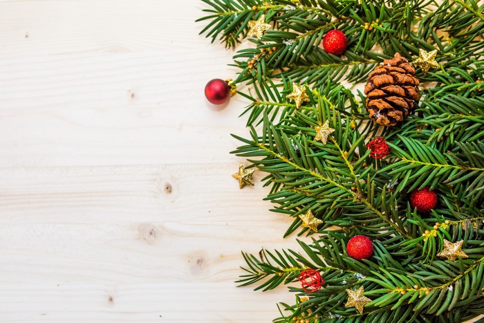 Christmas branches with pine cone and ornaments