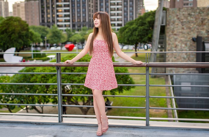 4K Asian Woman in Red Dress Outdoors