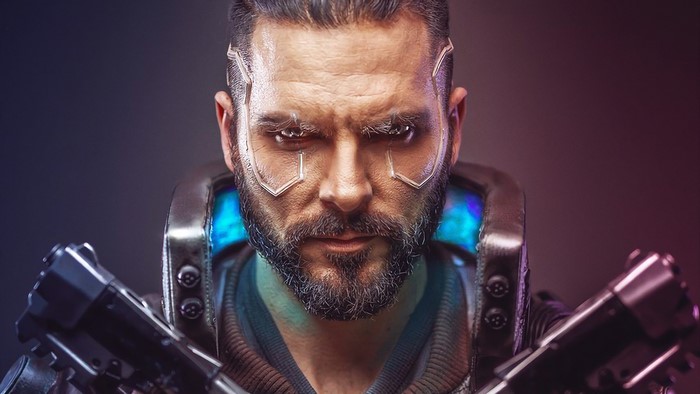Man with cybernetic implants and guns, Cyberpunk 2077