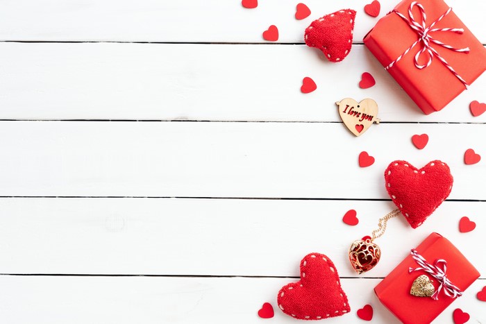 4K Valentine’s Day Hearts and Gifts on Wood Planks